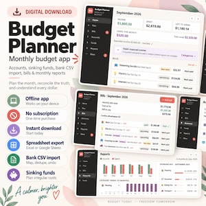 May include: A digital budget planner app interface displayed across multiple screens showing financial dashboards, monthly income, spending reports, bill tracking, and account summaries with text including Budget Planner, September 2026, and various financial data points.