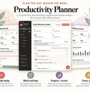 Könnte beinhalten: Eine digitale Produktivitätsplaner-Oberfläche mit drei Fenstern für Tagesplanung, Aufgabenverwaltung und wöchentliche Auswertungen. Der Text lautet: PLAN THE DAY. REVIEW THE WEEK. Productivity Planner, 1-3-5 priorities, time blocking, projects and weekly review.