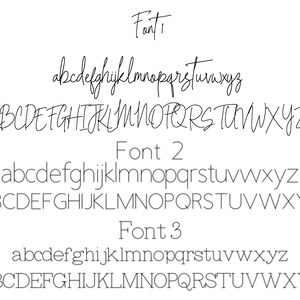 May include: Three different fonts are displayed with lowercase and uppercase letters of the alphabet. The fonts are handwritten and cursive.