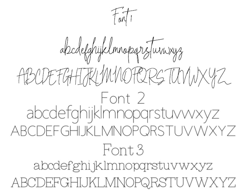 May include: Three different fonts are displayed with lowercase and uppercase letters of the alphabet. The fonts are handwritten and cursive.