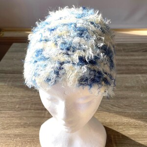 Blue and white fluffy wool kids beanie