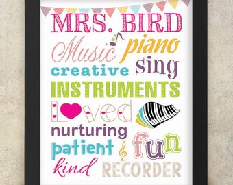 Music Teacher Gift Personalized Art with Name - 8x10 digital print Teacher Appreciation