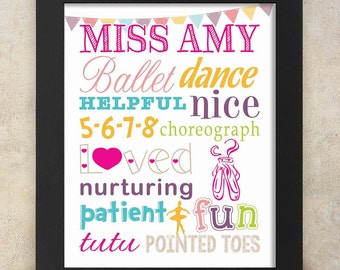 Ballet ou professeur de danse Subway Art personnalisé avec nom 8x10 impression numérique Appréciation des enseignants - Cadeau de fin d'année