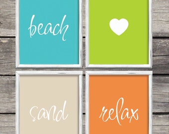 Set of (4) 8x10 Beach House signs - Beach, Heart, Sand & Relax. Perfect for beach house decor! Instant Download.