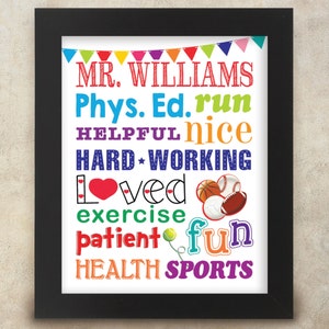 Gym Teacher Physical Education Teacher Subway Art Personalized with Name 8x10 digital print Teacher Appreciation-End of Year Gift