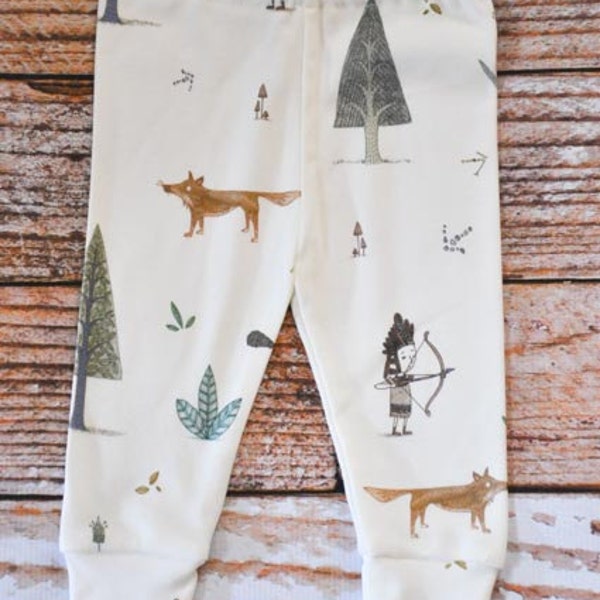 organic baby leggings, baby pants, baby leggins, toddler pants, organic toddler leggings, woodland, fox, indian, arrows, organic baby