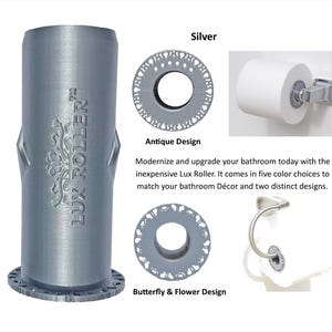 May include: A silver Lux Roller toilet paper holder replacement spindle featuring an embossed logo and two end cap options: an antique design with circular cutouts and a butterfly and flower design. The spindle is shown installed in a bathroom.