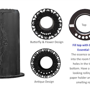 May include: Black essential oil diffuser with the text "Lux Roller". The design includes a butterfly and flower pattern, and an antique design. The text says "Fill top with Organic Essential Oil."