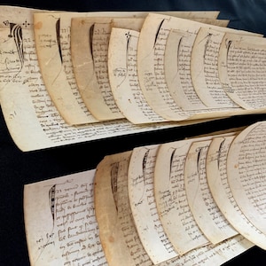 Puede incluir: Una colección de páginas de pergamino envejecidas, cada una llena de texto manuscrito en tinta oscura. Las páginas están dispuestas en forma de abanico, revelando la intrincada escritura y la textura envejecida del papel. El tono general sugiere documentos históricos.