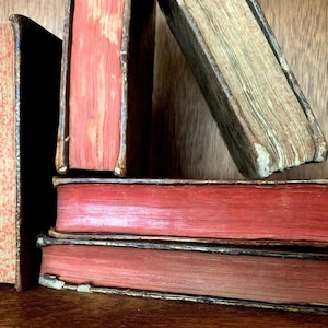 May include: A collection of old books with distressed covers. The books have red and tan pages, showing signs of age on the spines and edges. The books are stacked on a wooden surface, with a warm, aged appearance.
