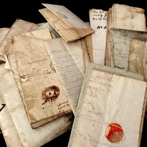 May include: A collection of aged, handwritten letters and envelopes. The papers are various sizes and shapes, with visible stains and wear. Some letters have wax seals, and others have handwritten notes and numbers. The overall color palette is sepia and cream.
