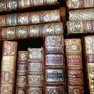 May include: A selection of antique books with worn leather covers. The spines and covers display gold embossed patterns and titles. The books are stacked, revealing their historical and decorative appeal. The aged appearance suggests a rich history.