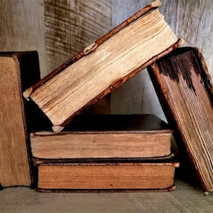 May include: A collection of antique books with aged, textured pages and worn, dark brown covers. The books are stacked and leaning against each other, creating a rustic and vintage aesthetic. The pages are a light tan color.
