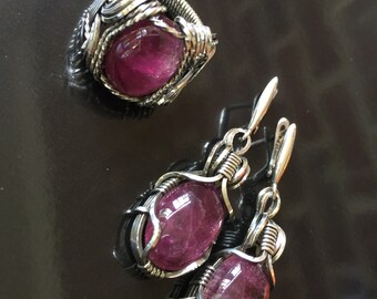 Silver turmaline set. Tourmaline ring, tourmaline earrings. Ring size 8.