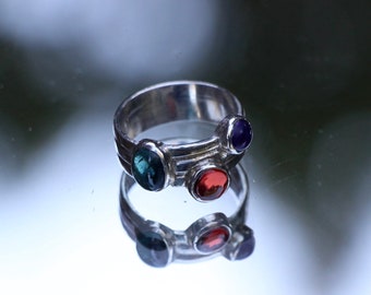 Sterling Silver Artisan Natural Tourmaline, Amethyst, Garnet ring size 8