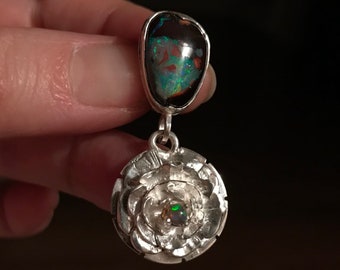 Artisan silver pendant with natural bolder opal stone. Rose shape pendant stone.