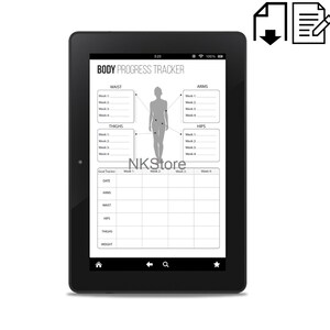 Könnte beinhalten: Ein schwarz-weißer, druckbarer Körperfortschritts-Tracker mit einer Silhouette einer Person und Abschnitten zur Verfolgung von Messungen für Taille, Arme, Oberschenkel und Hüften über vier Wochen. Der Tracker enthält auch einen Abschnitt für Zielverfolgung mit Spalten für Datum, Arme, Taille, Hüften, Oberschenkel und Gewicht.