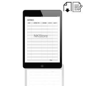 以下が含まれることがあります： タブレットの画面に印刷可能な費用追跡表が表示されている白黒の画像。追跡表には、日付、費用タイプ、カテゴリ、方法、金額の列があります。追跡表の上部には「EXPENSES」というテキストがあります。追跡表の中央には「NKStore」というテキストがあります。追跡表の下部には「TOTAL」というテキストがあります。
