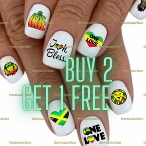 Jamaica themed DIY manicure nail art.  Buy 2 sets get 1 decal set Free AND 1 Free Background & Free Shipping