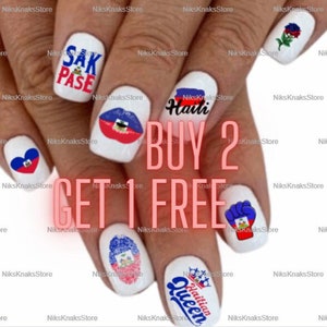 May include: A set of nail decals featuring Haitian flags, a Haitian flag with a heart, a Haitian flag with a fist, a Haitian flag with a fingerprint, a Haitian flag with a lip print, and the words "Sak Pase" and "Haitian Queen".