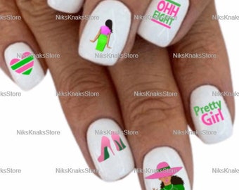 May include: Pink and green nail decals with various designs, including a heart, a woman in a green dress, a pair of high heels, a woman in a hat, and text that says "Oh So Pretty", "Ohh Eight", "Pretty Girl", and "HBCU".