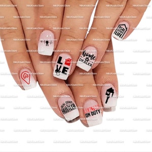 May include: Set of 10 nail decals featuring real estate themed designs. The decals feature black and white text and images on a white background. Some of the designs include "Real Estate Life", "Home Dealer", "Love", "Real Estate Hustler", and "Realtor On Duty".