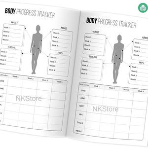 May include: A black and white printable body progress tracker with a silhouette of a person with measurement points for waist, arms, thighs, and hips. The tracker includes a goal tracker with columns for date, arms, waist, hips, thighs, and weight.