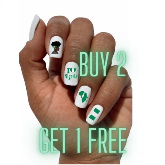 DIY manicure Nigerian pride nail art. Buy 2 sets get 1 decal set Free AND 1 Free Background Free Shipping
