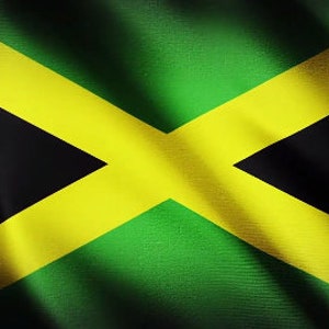 May include: The flag of Jamaica, a green, yellow, and black flag with a diagonal cross.