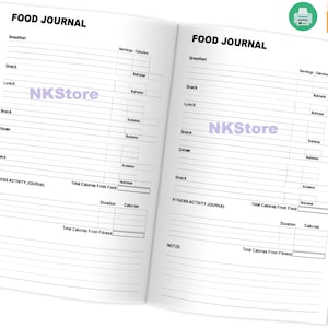 May include: Open food journal with the title "FOOD JOURNAL" in bold black letters at the top. The journal is open to two pages with lined sections for tracking meals, snacks, and fitness activities. The "NKStore" logo is visible.