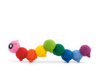 Rainbow Caterpillar is a 100% handmade needle felted character. Approx. 6 in x 2 in x 1 in