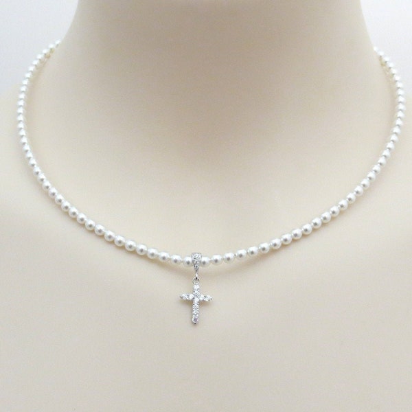 Cross 4mm Swarovski Pearl Adjustable Necklace, Cubic Zirconia, White Pearl Beaded Necklace Simple Elegant Necklace Vintage Pearl Necklace