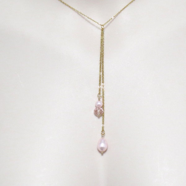 Drop Long Pink Pearl Y Necklace,Pearl Necklace,Lariat Necklace,Y Necklace,Pearl Lariat,Sterling Silver,Pearl Drop Necklace,Bridal Necklace