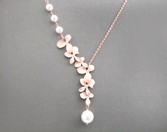 Cascade, Triple white pearl, Orchid flower, Gold, Silver, Rose gold, Lariat necklace, Anniversary Wedding Party Bridal, Gift Jewellery