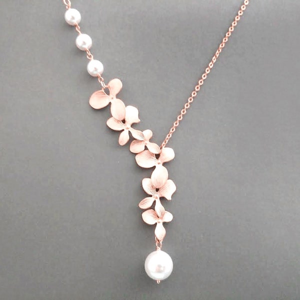 Cascade, Triple white pearl, Orchid flower, Gold, Silver, Rose gold, Lariat necklace, Anniversary Wedding Party Bridal, Gift Jewellery