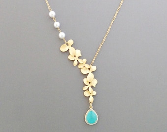 Personal, Glass, Color, Triple, White, Pearl, Orchid, Flower, Gold, Silver, Necklace, Lovers, Friends, Mom, Sister, Wedding, Gift