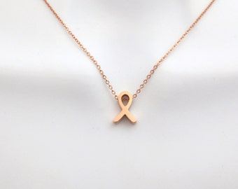 Tiny Cancer Ribbon Necklace, Gold Silver Rose gold, Cancer Awareness Ribbon Charm Necklace, Cancer Ribbon Necklace Breast Cancer Awareness