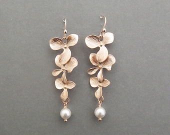 Orchid Flower Earrings with Swarovski White pearls, Dangling Drop Earrings for Women, Orchid Floral Jewelry Gift for Wedding Bridal