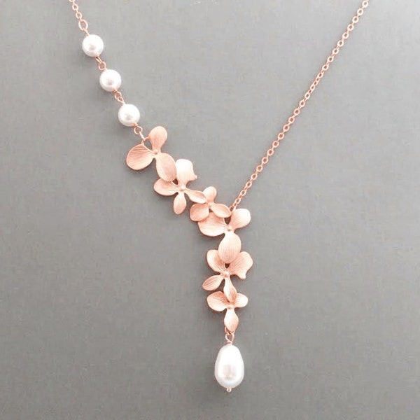 Double, Orchid, Cascade, Triple pearl, Gold, Silver, Rose gold, Lariat, Necklace, Flower, Jewelry, Lovers, Friends, Mom, Sister, Gift