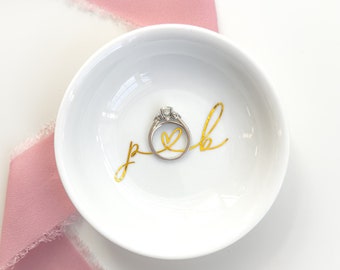 Personalized Engagement Gift for Couple - Initials Ring Dish - Gold and White