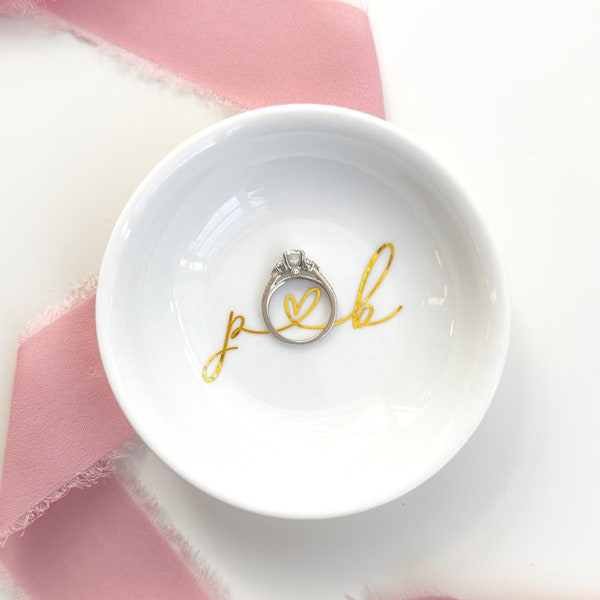 Personalized Engagement Gift for Couple - Initials Ring Dish - Gold and White
