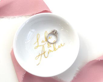 Personalized Engagement Gift for Couple - Initials Ring Dish - Gold and White