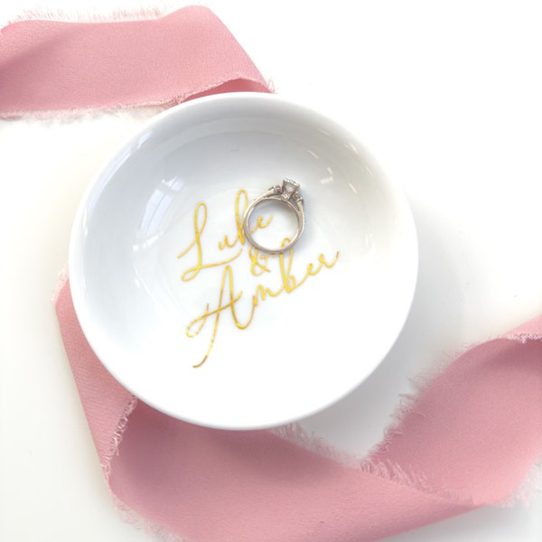 Personalized Engagement Gift for Couple - Initials Ring Dish - Gold and White