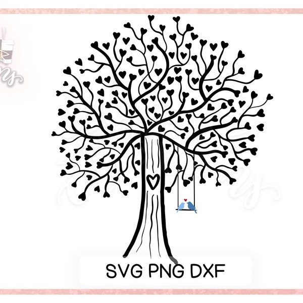 Tree SVG - Lovebirds - Heart tree svg file - PNG & DXF - Tree with swing and birds - for cutting machines and sublimation