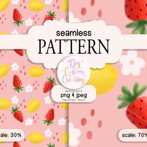 Könnte beinhalten: Ein nahtloses Muster mit Zitronen, Erdbeeren und weißen Blüten auf rosa Hintergrund. Das Muster wird in zwei verschiedenen Maßstäben gezeigt: 30 % und 70 %.