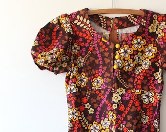 1960s 70s Handmade Psychedelic Floral Maxi Dress Fits XS S