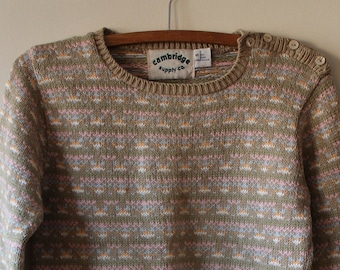 80s 90s Cambridge Supply Co Cotton Fair Isle Sweater Button Shoulder Size S Made in USA