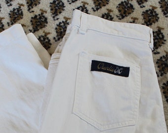 1970s Charlie M Cropped White Denim Wide Leg Jeans Size 4-6 Marked 16 28" Waist 23.5" Inseam