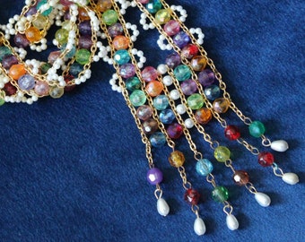 1960s Vibrant Beaded Woven Statement Necklace Long Faceted Beads and Pearls Gold Tone