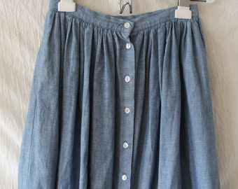 1980s Ralph Lauren Chambray Button Front Midi Skirt XXS